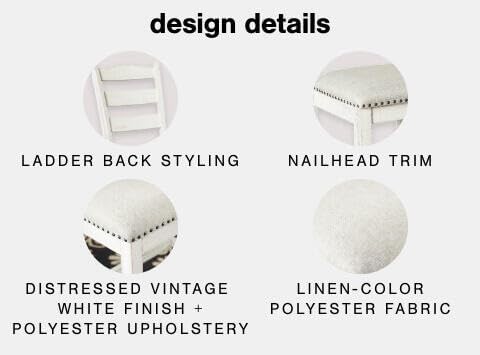 Signature Design by Ashley Valebeck Farmhouse Cushioned Dining Chair, 2 Count, Nailhead Trim, Fabric Upholstery, Solid Wood, 39" Seat Height, Whitewash