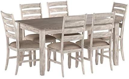 Signature Design by Ashley Skempton Cottage Dining 7 Piece Set – Rectangular Table & 6 Upholstered Chairs | Coastal Chic Meets Farmhouse, Whitewash