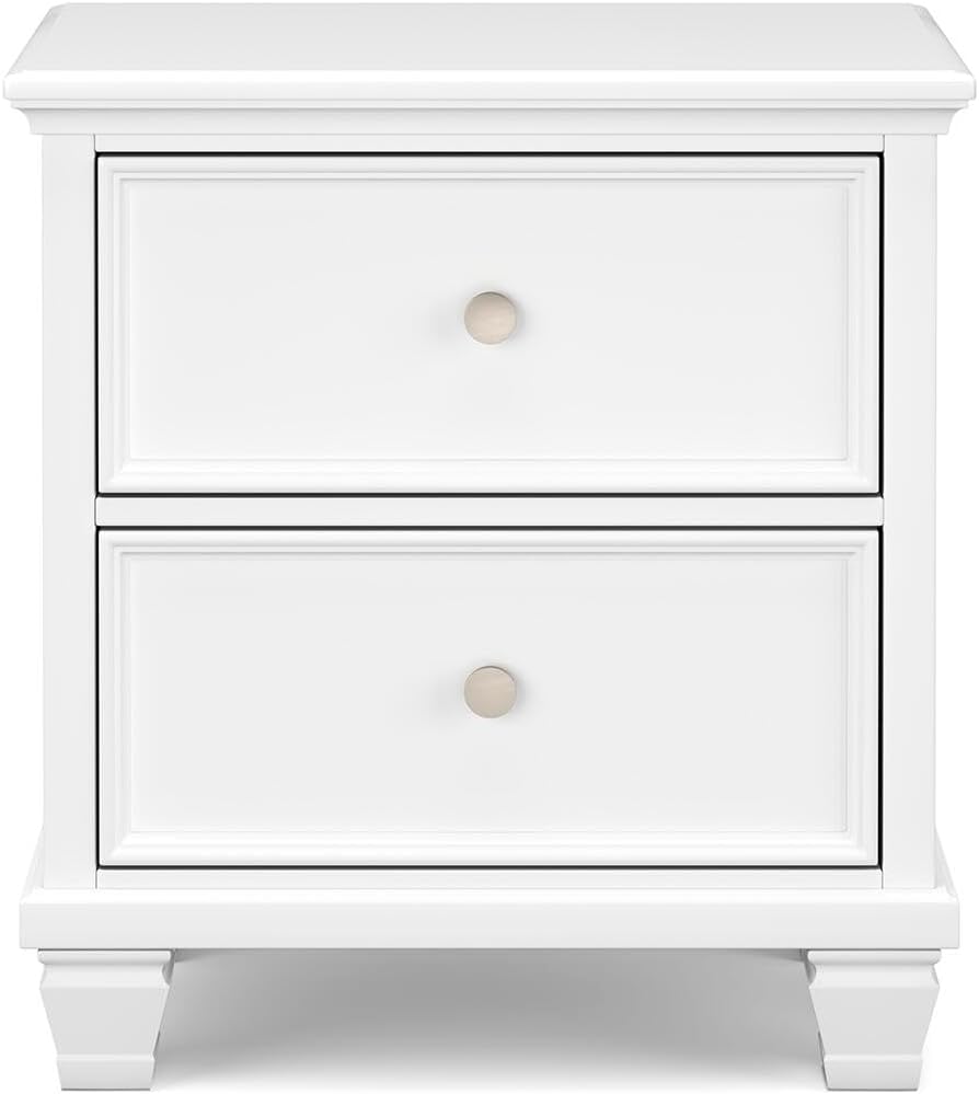 Signature Design by Ashley Fortman White Nightstand, 2 Drawer Storage, Hardwood Solids and MDF Construction, Traditional Wood Bedside Table, 25" W