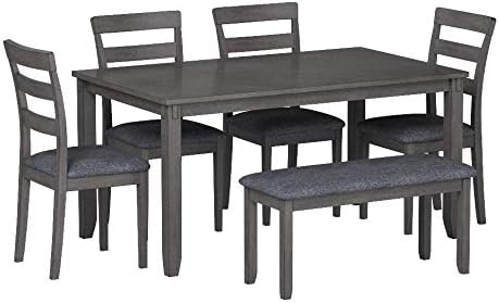 Signature Design by Ashley Bridson Dining Table Set For 6 With Bench, Wood 6‑Piece Kitchen Table And Chairs With Upholstered Seats, Transitional Charcoal Gray Dining Room Collection For Family Meals