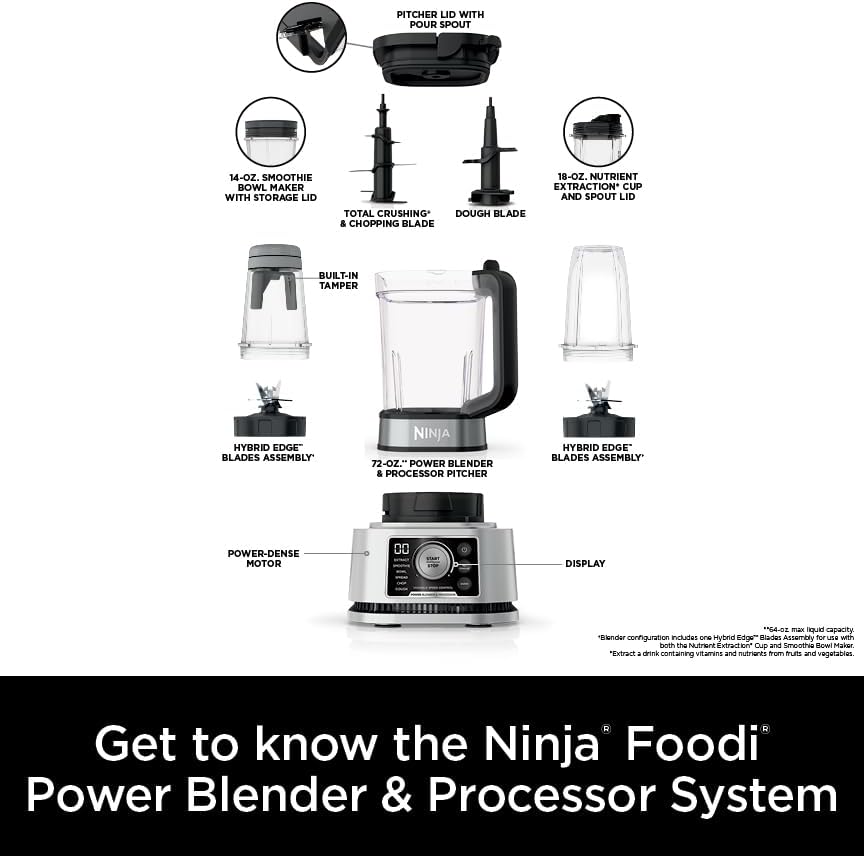 Ninja Blender For Kitchen | Food Processor Combo System | Smoothie Maker & Nutrient Extractor | 6 Functions for Bowls, Spreads, Dough, Shakes | 72-oz. Pitcher & To-Go Cups | Silver | SS351