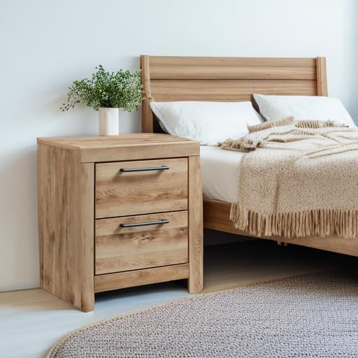 Signature Design by Ashley Hyanna Rustic Contemporary 2 Drawer Nightstand with 2 USB Charging Ports, Wood, 24.37" High, Light Golden Brown Finish