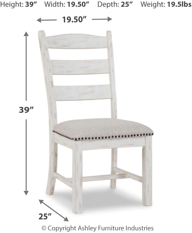 Signature Design by Ashley Valebeck Farmhouse Cushioned Dining Chair, 2 Count, Nailhead Trim, Fabric Upholstery, Solid Wood, 39" Seat Height, Whitewash