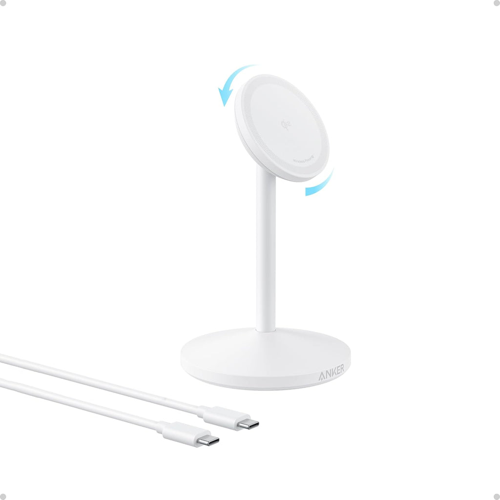 Anker MagGo iPhone 17 MagSafe Charger Compatible Stand, 15W Fast Magnetic Wireless Charging Station, Qi2 Certified 360° Wireless Charger (White, with Cable)