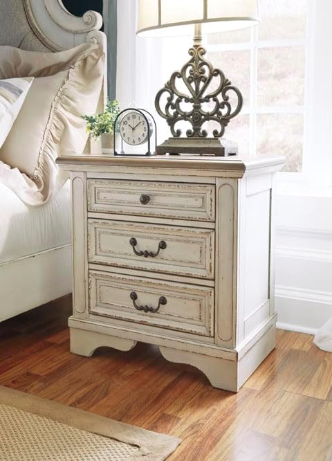 Signature Design by Ashley Realyn Nightstand with USB Charging Station, French Country 3 Drawer Bedside Table for Bedroom, Veneers, Wood and Engineered Wood, with Cast Resin Components, 27 Inches