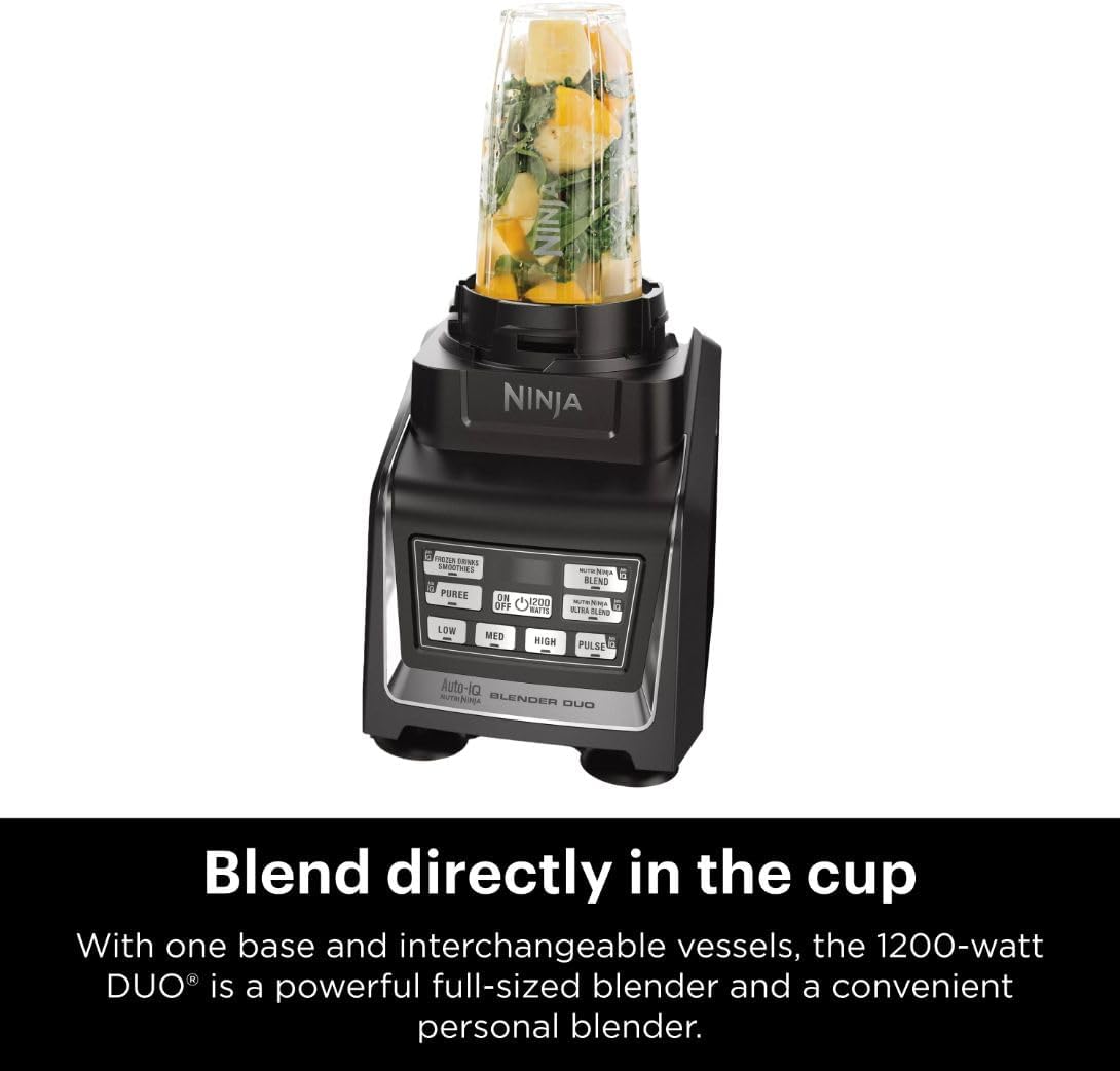 Ninja BL642 Nutri Ninja Personal & Countertop Blender with 1200W Auto-iQ Base, 72 oz. Pitcher, and 18, 24, & 32 oz. To-Go Cups with Spout Lids, For Smoothies, Shakes & More, Dishwasher Safe, Black..