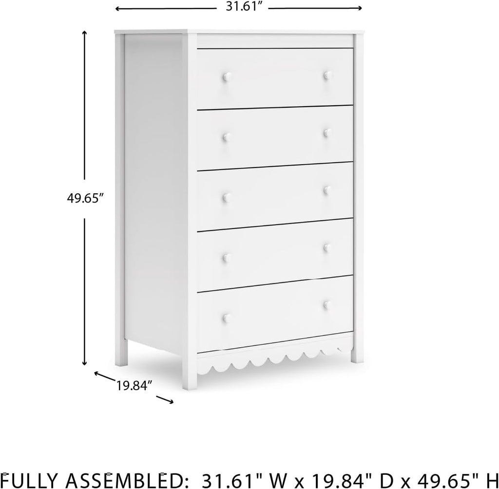 Signature Design by Ashley Hallityn Casual Coastal Chest with Five Smooth-Gliding Drawers, Meets ASTM International Safety Standards, Matte White Finish