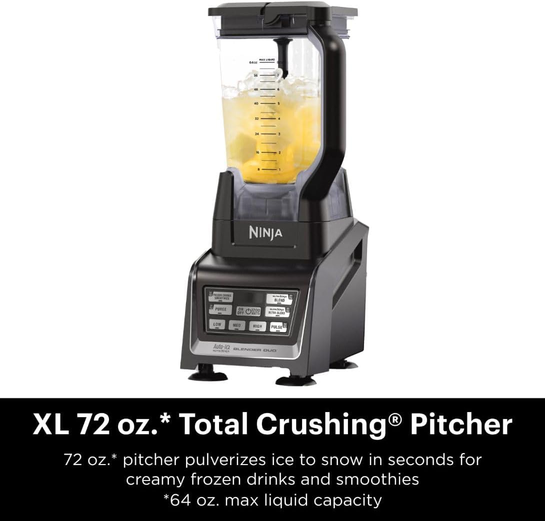 Ninja BL642 Nutri Ninja Personal & Countertop Blender with 1200W Auto-iQ Base, 72 oz. Pitcher, and 18, 24, & 32 oz. To-Go Cups with Spout Lids, For Smoothies, Shakes & More, Dishwasher Safe, Black..