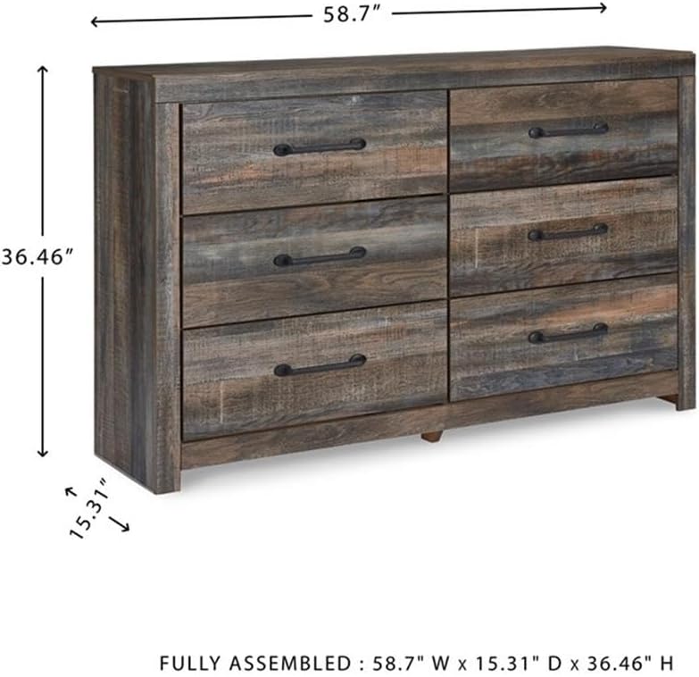 Signature Design by Ashley Drystan 6 Drawer Dresser, Large-scale Hardware, Smooth-gliding Drawers, Wood, 58.7" W x 15.31" D x 36.46" H, Weatherworn Brown