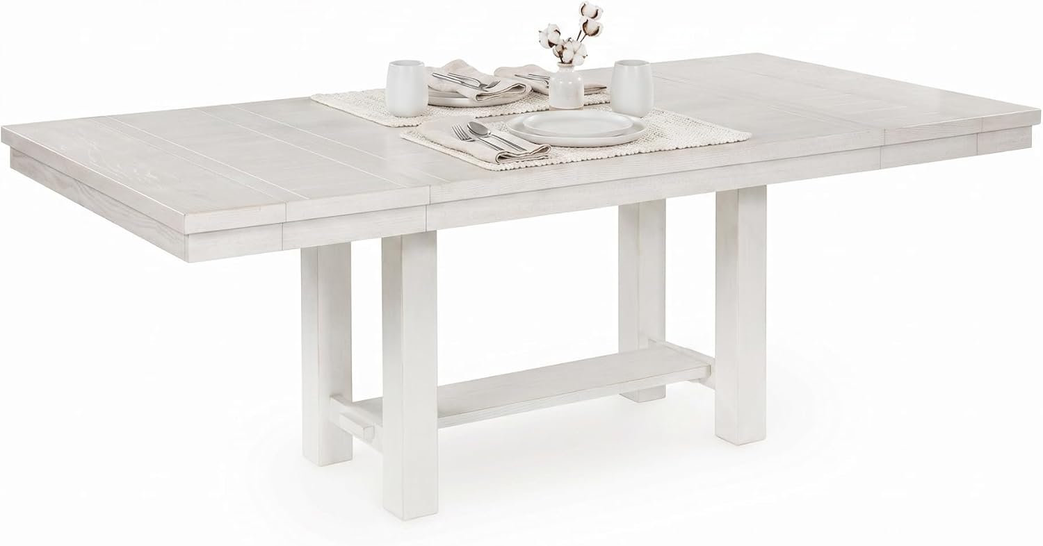 Signature Design by Ashley Robbinsdale Casual Removable Center Leaf Dining Extension Table with Trestle Base, Wood, Ash Veneer, Tabletop with Planked Effect, 2 Removable Center Leaves, Seats 8, White
