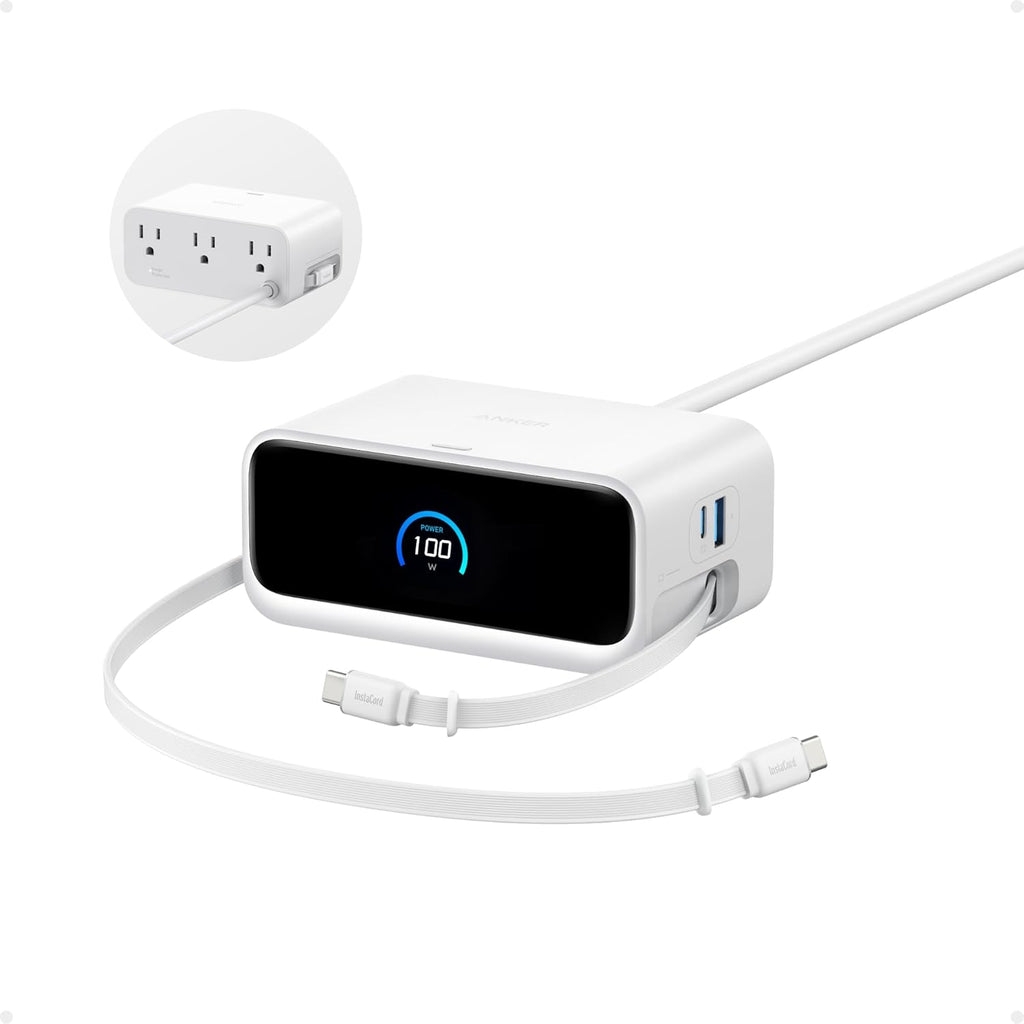 Anker Nano Charging Station, 100W 7-in-1 Power Strip, InstaCord | 2.3ft Retractable Cable, Gaming Desk Accessories for Multiple Devices, 3 AC, 3 USB C, 1 USB A, MacBook Charger, Home Office