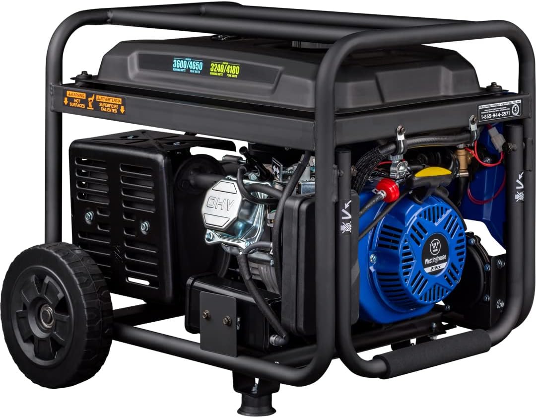 Westinghouse 4650 Peak Watt Dual Fuel Portable Generator, Remote Electric Start with Auto Choke, RV Ready 30A Outlet, Gas & Propane Powered, CO Sensor