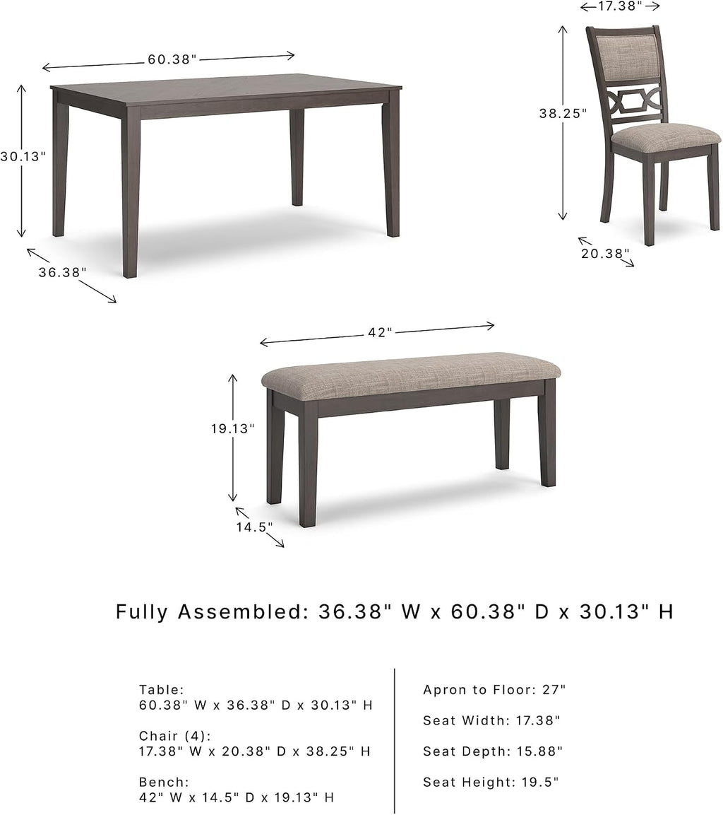 Signature Design by Ashley Wrenning Diamond Patterned Dining Table Set, 4 Upholstered Chairs and Bench, Seats 6, Wood, Gray