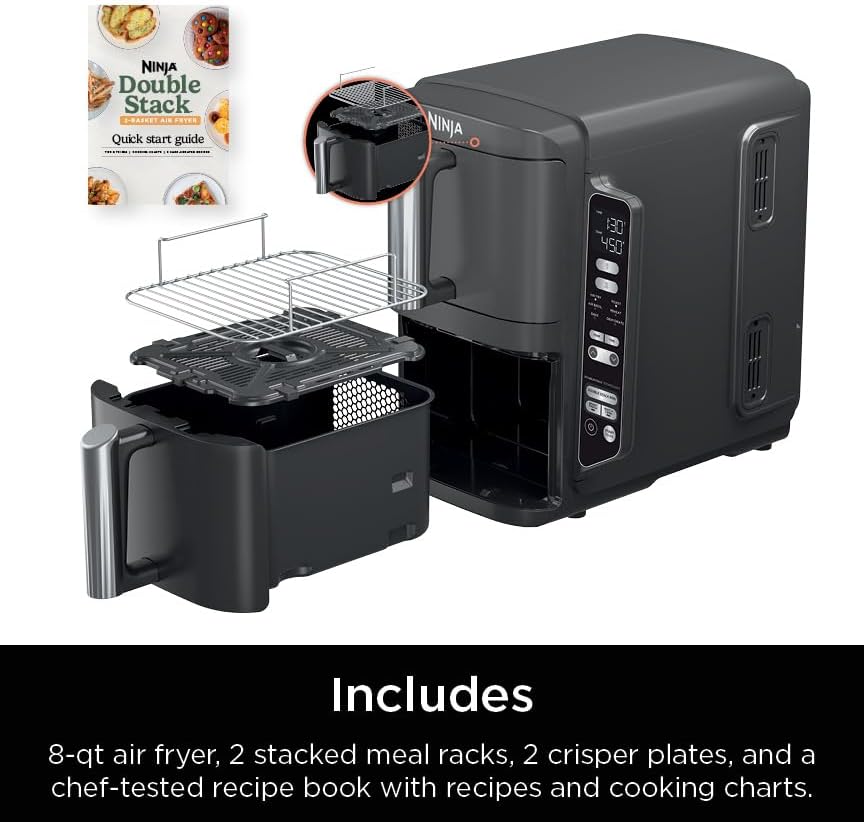 Ninja Air Fryer, 8 QT DoubleStack 2-Basket, Space Saving Design, Cooks 2lb Chicken Wings, Feeds up to 6 People, 6-in1 Air Fryer, Roast, Bake & More, Easy to Clean, Dishwasher Safe Parts, Black, SL201