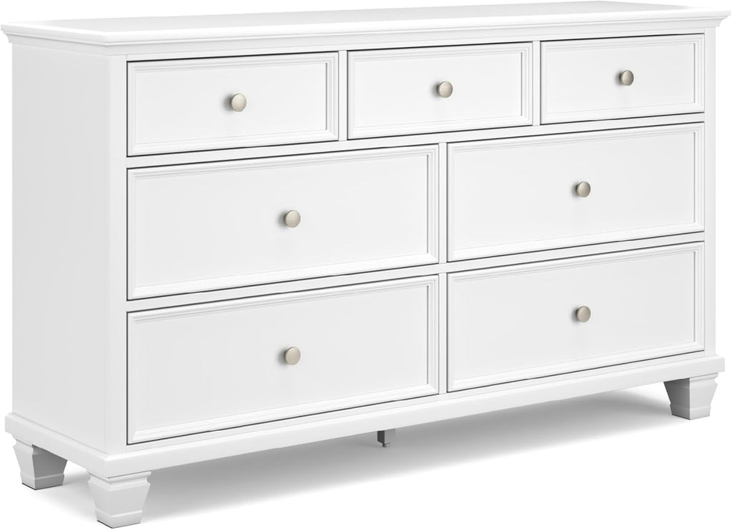 Signature Design by Ashley Fortman Casual Dresser with 7 Storage Drawers and Tapered Feet, Round Metal Knobs" Satin Nickel-tone, Wood, 36" High, White