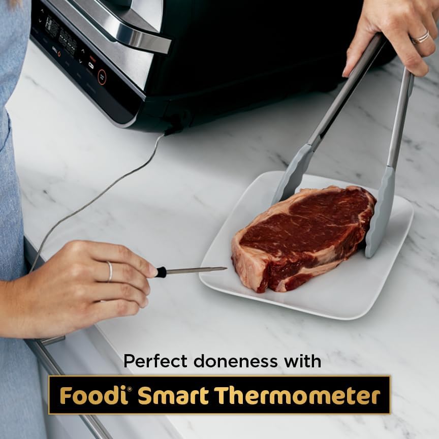Ninja | Indoor Grill and Air Fryer| Foodi Smart XL | 6-in-1 Grill, Air Fry, Roast, Bake, Broil, Dehydrate & Crisp |Smart Thermometer & Splatter Shield | Dishwasher Safe Parts | Black/Silver | FG551