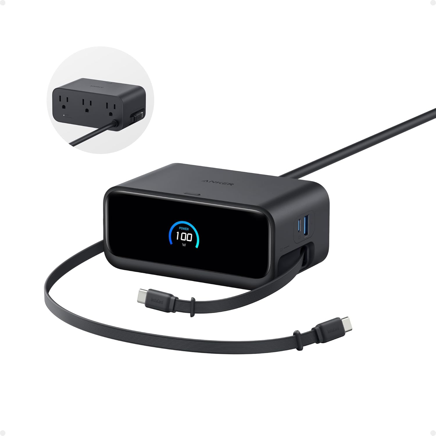 Anker Nano Charging Station, 100W 7-in-1 Power Strip, InstaCord | 2.3ft Retractable Cable, Gaming Desk Accessories for Multiple Devices, 3 AC, 3 USB C, 1 USB A, MacBook Charger, Home Office