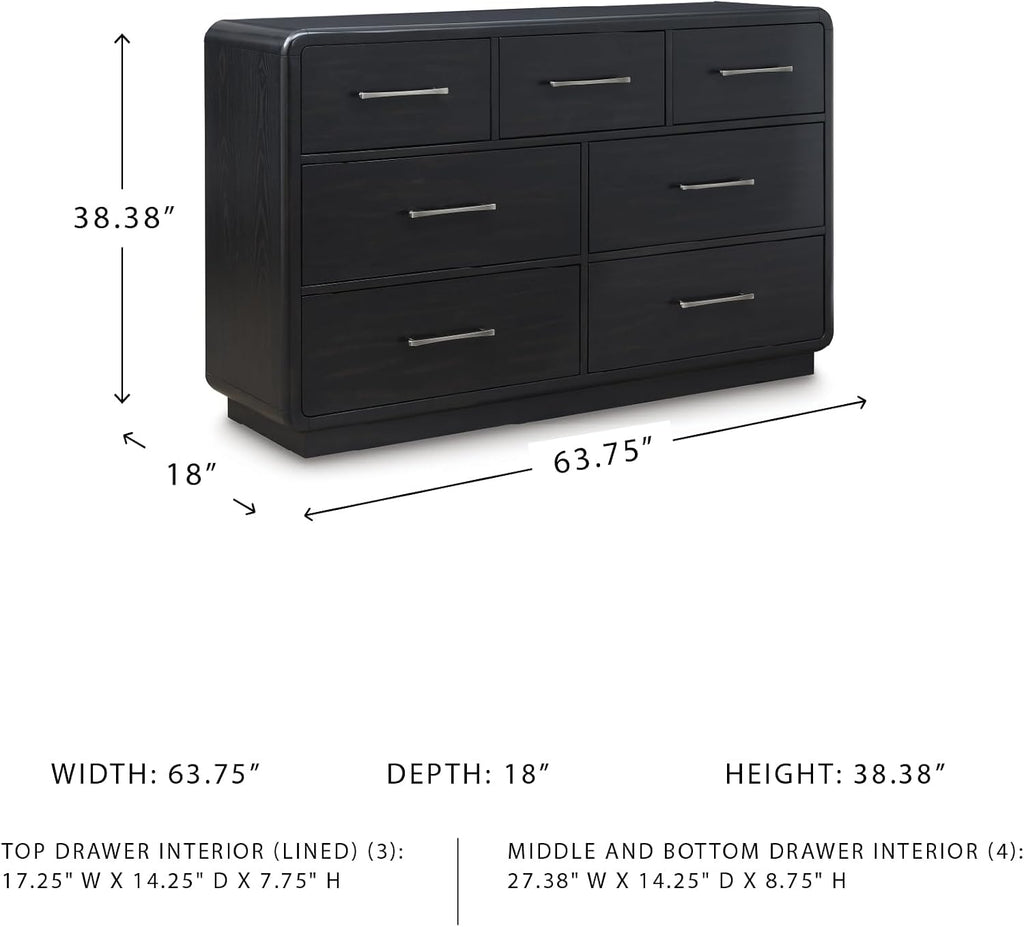 Signature Design by Ashley Rowanbeck Modern Seven-Drawer Dresser with Waterfall Edges, Nickel-Tone Hardware, Wood and Ash Veneer, Black Finish, 63.75' W
