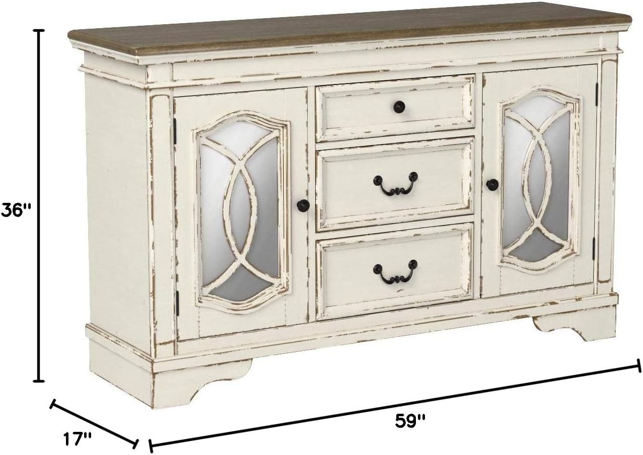 Signature Design by Ashley Realyn French Country Distressed Dining Room Server, 3 Drawers, 2 Cabinet Doors, Wood, 59" W x 17" D x 36.5" H, Chipped White