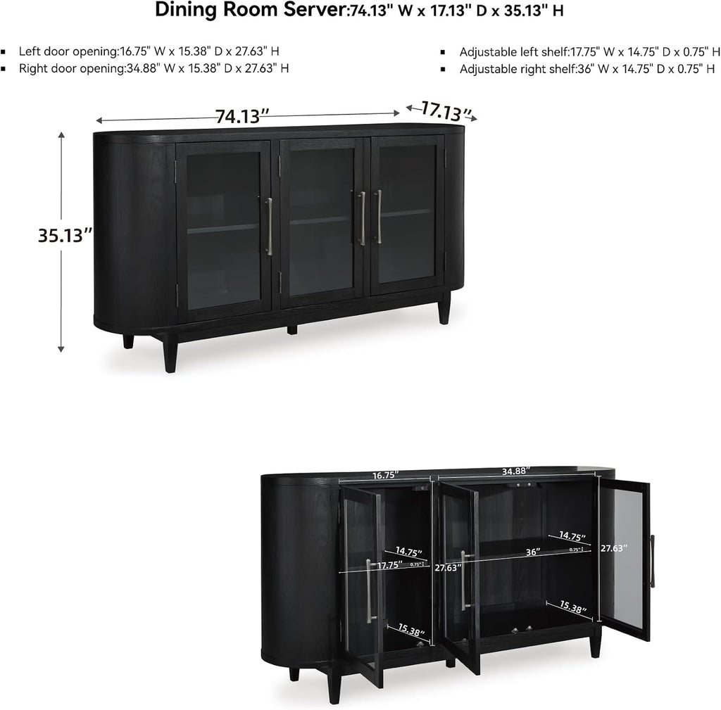 Signature Design by Ashley Rowanbeck Modern Glass Dining Server with 2 Adjustable Shelves and Tapered Legs, Black & Gray