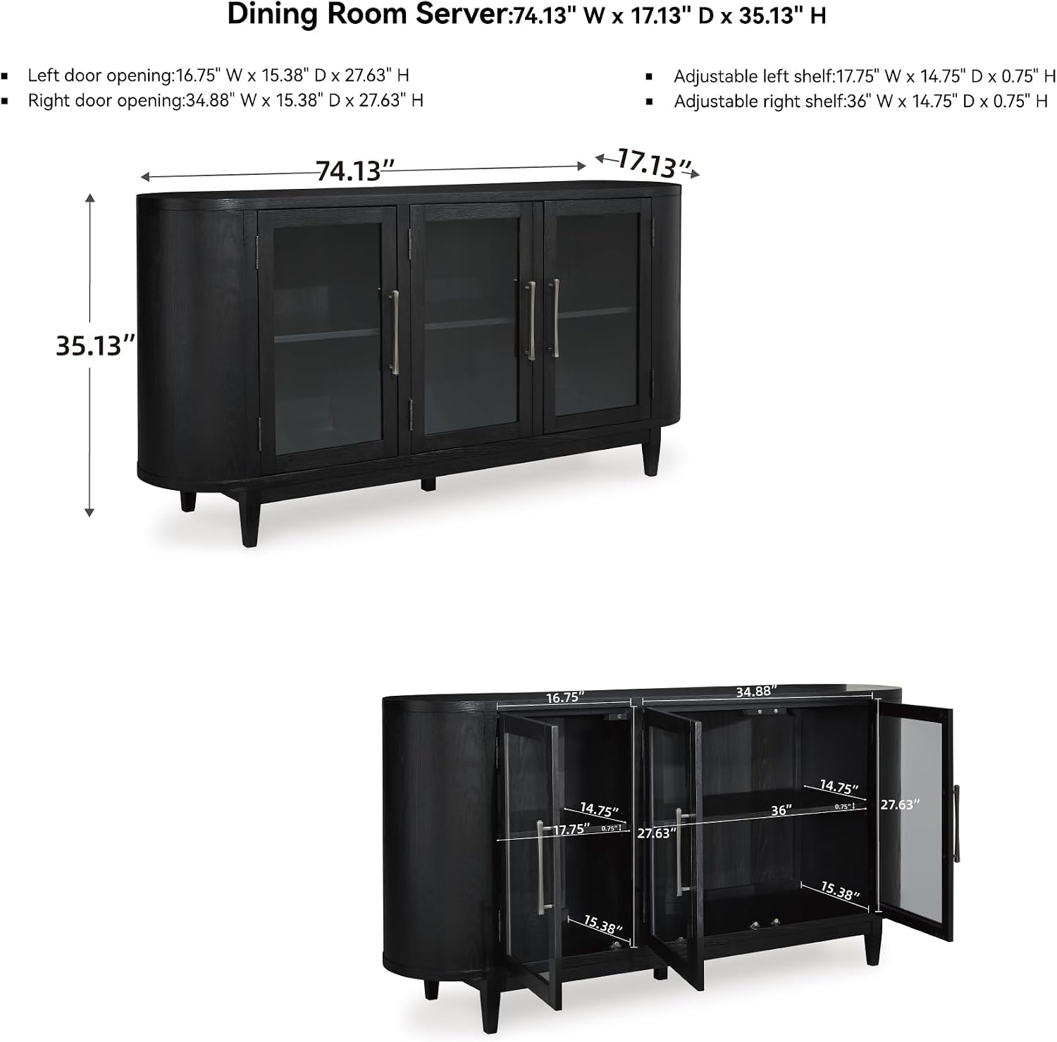 Signature Design by Ashley Rowanbeck Modern Glass Dining Server with 2 Adjustable Shelves and Tapered Legs, Black & Gray