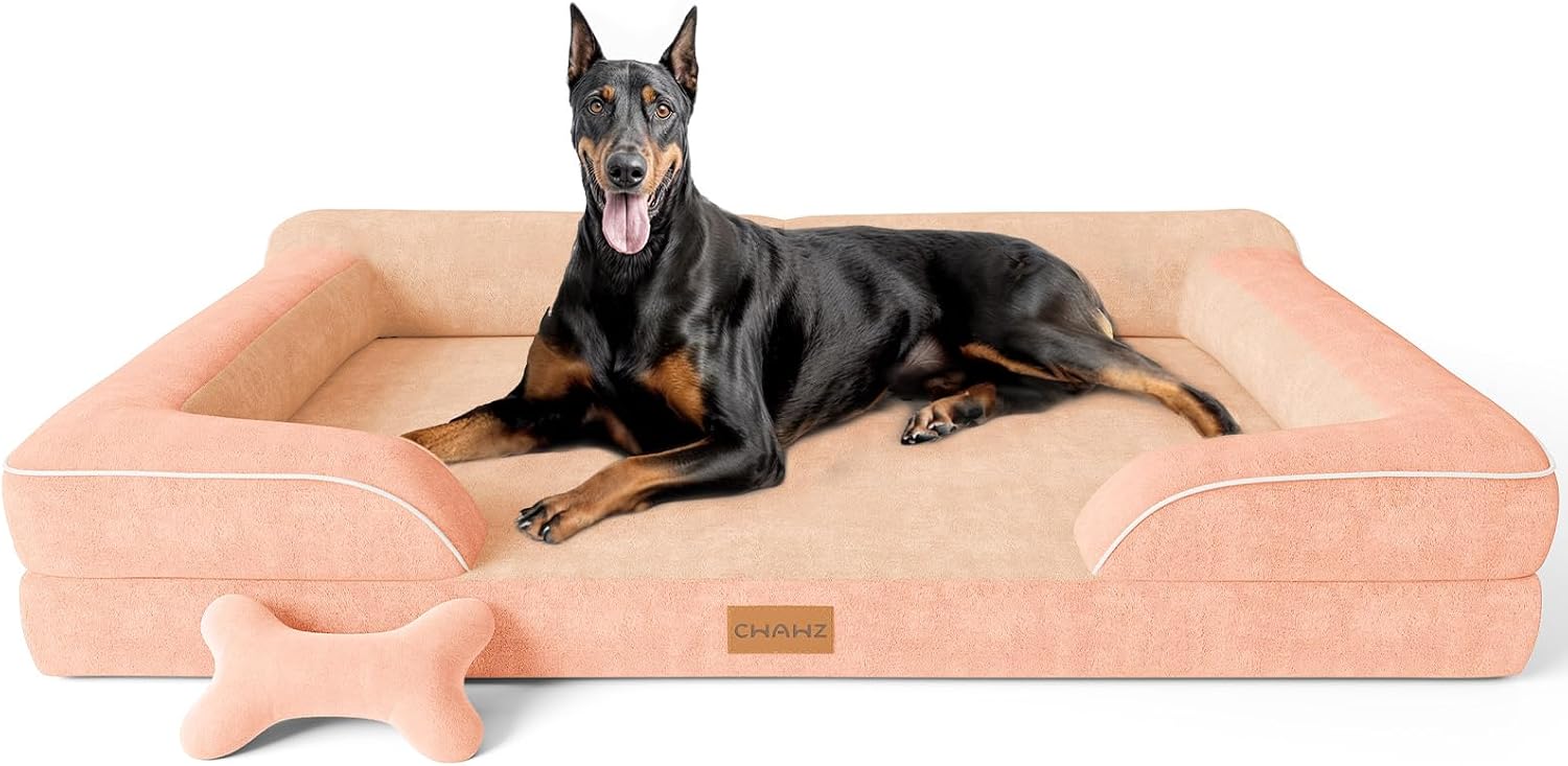 CWAWZ Extra Large Dog Bed, Orthopedic Dog Bed with Cooling Gel Memory Foam, Waterproof XL Pet Bed with Removable Washable Cover, 42" Pet Sofa Couch Dutch Velvet with Bone Toy, Light Gray