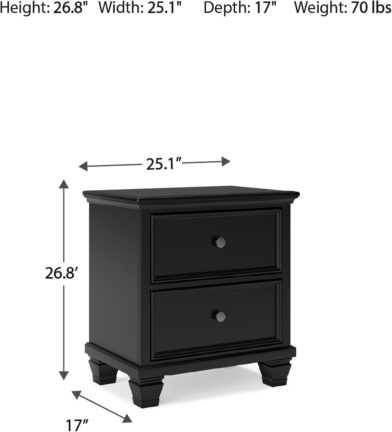Signature Design by Ashley Lanolee Classic 2 Drawer Nightstand for Bedroom, 26.75" Tall, Black