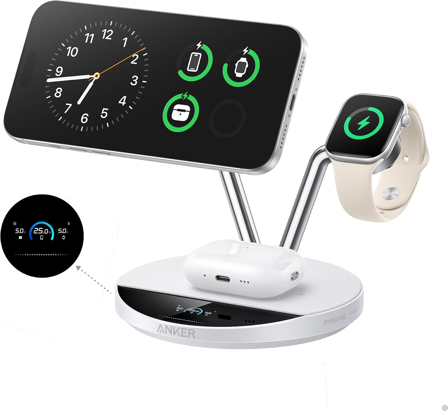 Anker Prime 3-in-1 Qi2.2 MagSafe Compatible 25W Wireless Charging Station | Smart Display, TEC Active Cooling, Apple Watch Charger, for iPhone 17, Apple Watch, AirPods Pro, and More (Adapter Included)