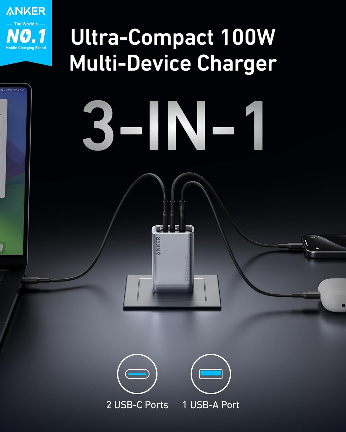 Anker Prime 100W 3-Port GaN USB C Charger Block, Fast Foldable Wall Charger | Fast Charging Wall Charger, Foldable and Compact for MacBook, iPad, iPhone 17 Series, Galaxy S24/S23, and More