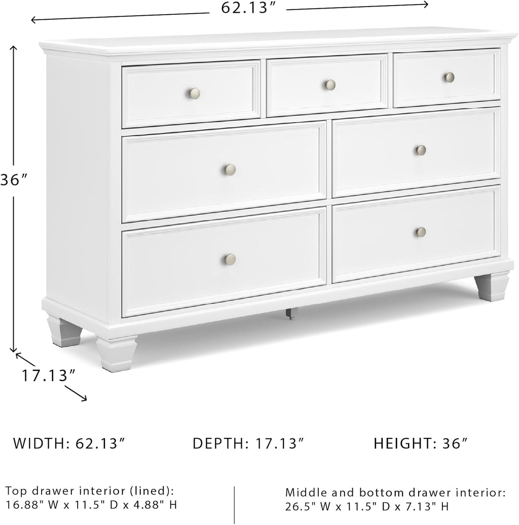 Signature Design by Ashley Fortman Casual Dresser with 7 Storage Drawers and Tapered Feet, Round Metal Knobs" Satin Nickel-tone, Wood, 36" High, White