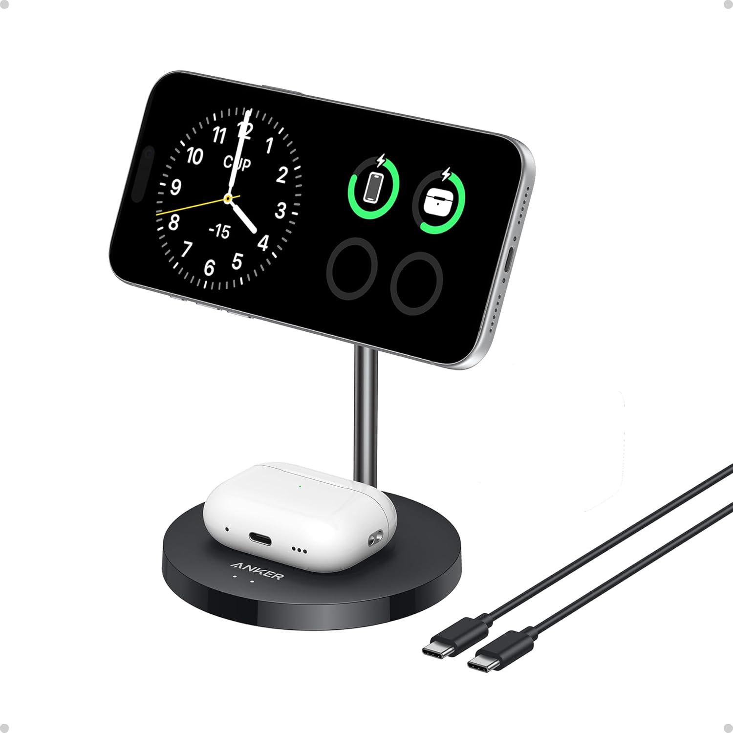 Anker MagGo 2-in-1 MagSafe Compatible Qi2 15W Wireless Charging Stand | Qi2 Certified, Fast Charging, Wireless Charger for iPhone 17, AirPods Pro, and More (Black, Adapter Not Included)