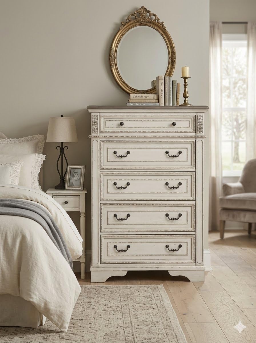 Signature Design by Ashley Realyn French Country 5 Drawer Chest, Tipover Restraint Device, 2-tone Finish, Wood, 40.13" W x 18.13" D x 58.13" H, Chipped White