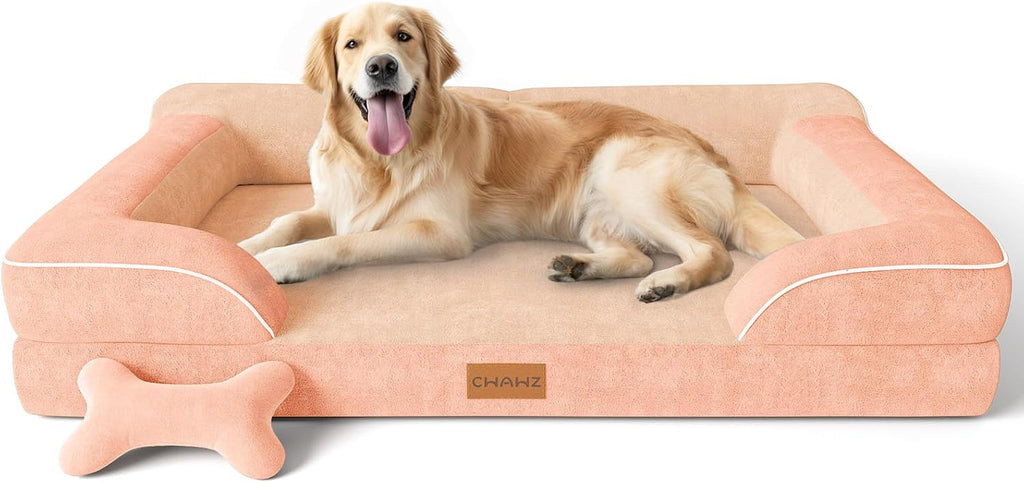 CWAWZ Extra Large Dog Bed, Orthopedic Dog Bed with Cooling Gel Memory Foam, Waterproof XL Pet Bed with Removable Washable Cover, 42" Pet Sofa Couch Dutch Velvet with Bone Toy, Light Gray