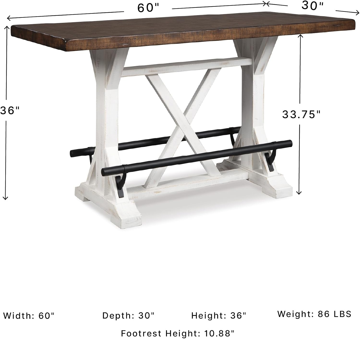 Signature Design by Ashley Valebeck Counter Height Dining Table, Rustic Farmhouse Design, Black Metal Footrest, Seats Up to 4, Great for Small Spaces, White