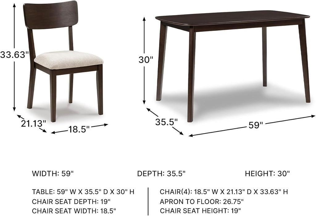 Signature Design by Ashley Favelon Mid-Century Modern Dining Table and Chairs Set with Cushioned Seat, Set of 5, Dark Brown & Gray
