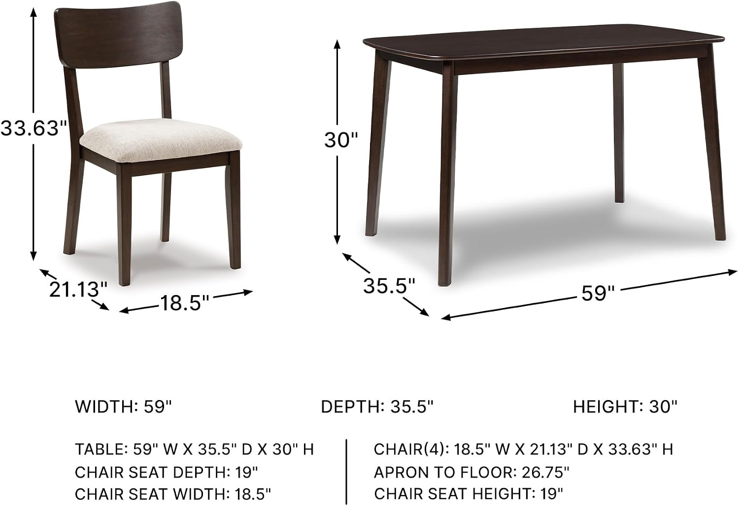 Signature Design by Ashley Favelon Mid-Century Modern Dining Table and Chairs Set with Cushioned Seat, Set of 5, Dark Brown & Gray