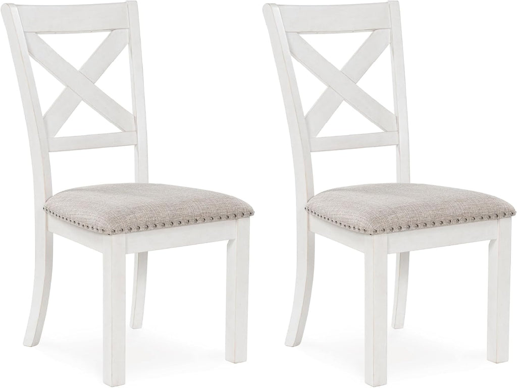 Signature Design by Ashley Robbinsdale Casual Upholstered Solid Wood Dining Chair with Nailhead Trim, Set of 2, White & Light Gray