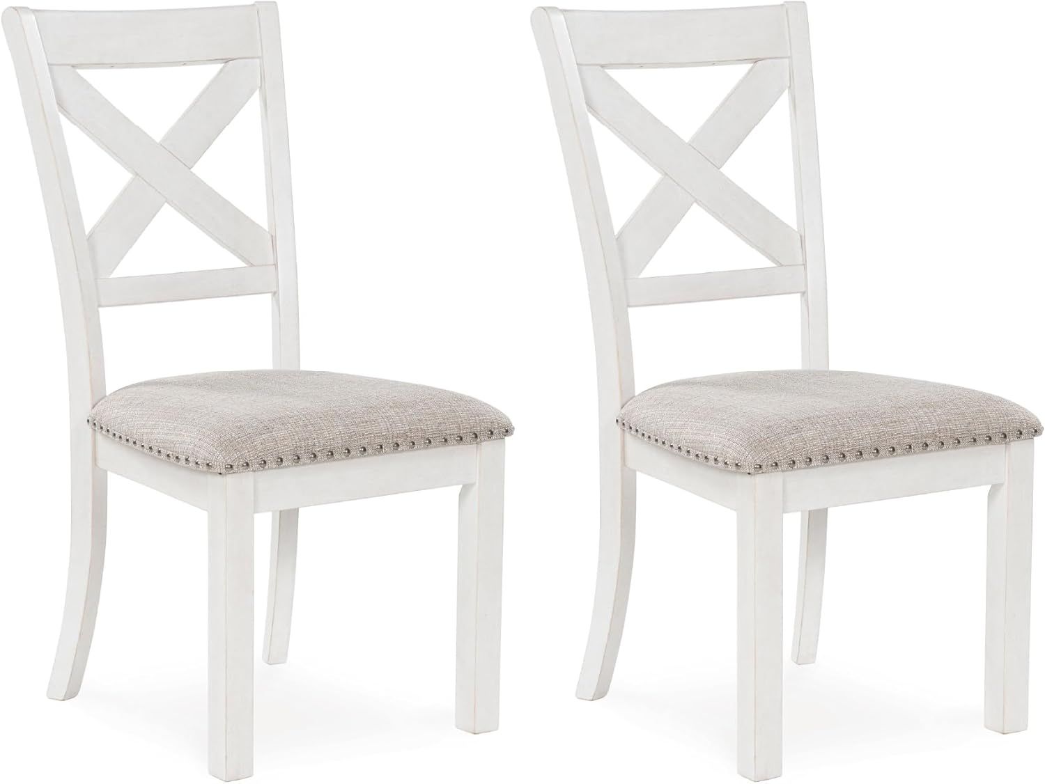 Signature Design by Ashley Robbinsdale Casual Upholstered Solid Wood Dining Chair with Nailhead Trim, Set of 2, White & Light Gray