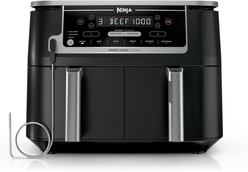 Ninja DZ550 Foodi 10 Quart 6-in-1 DualZone Smart XL Air Fryer with 2 Independent Baskets, Smart Cook Thermometer for Perfect Doneness, Match Cook and Smart Finish to Roast, Dehydrate and More, Black