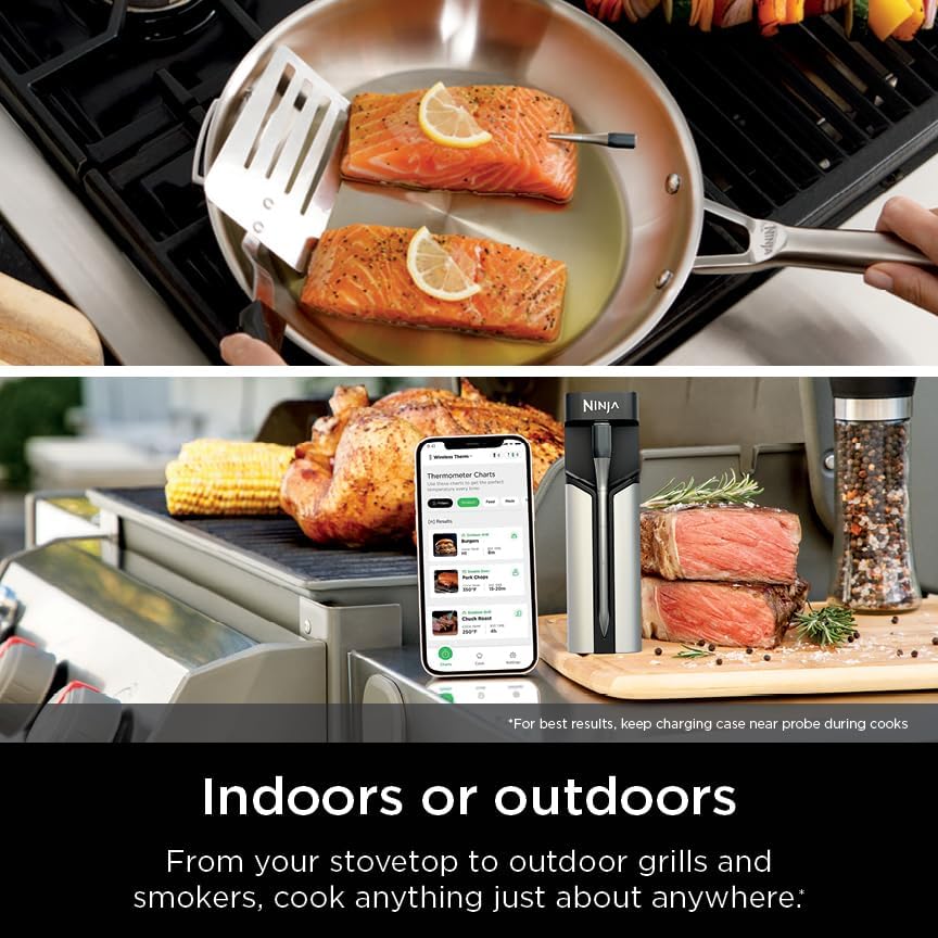 Ninja Meat Thermometer ProChef Wireless Probe for Indoor & Outdoor Air Fryer, Grill, Cooking, Smoker, Oven, Roaster, Long Range Bluetooth App Connection, Flareup Resistant, Waterproof, US Only, WP100