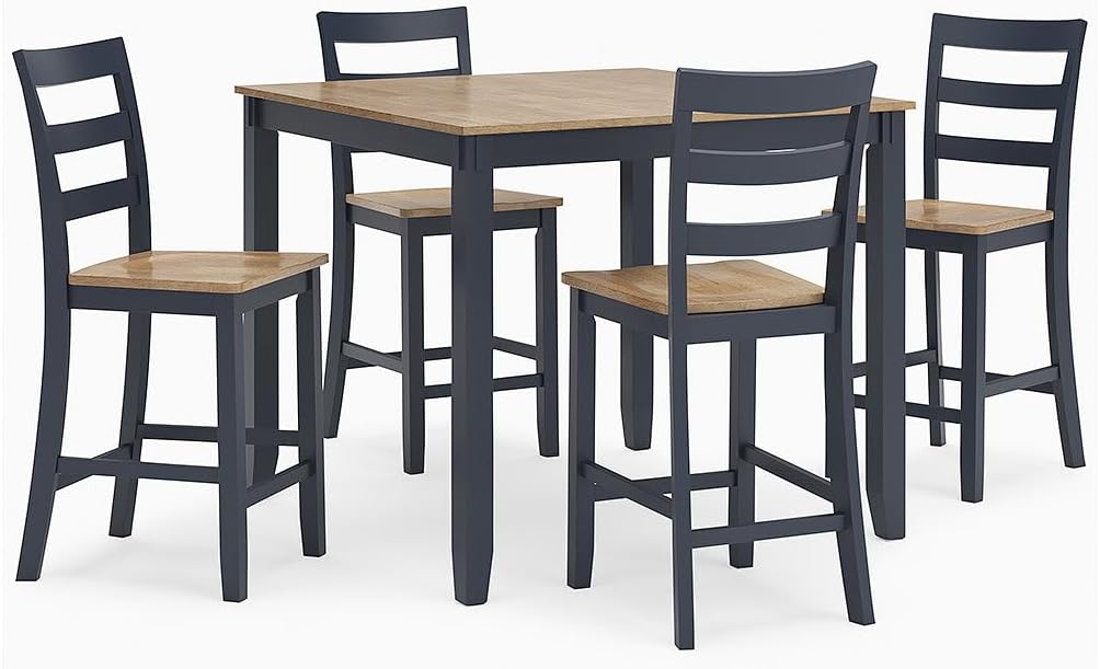 Signature Design by Ashley Gesthaven Counter Height Dining Table Set 4 Bar Stools, Butcher Block Veneer Top, Natural Mango Wood and Dark Slate Blue, 41.88" Square