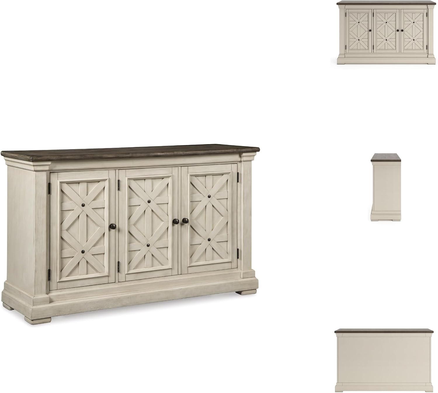Signature Design by Ashley Bolanburg French Country Dining Room Server, 3 Doors, 2 Adjustable Shelves, Wood, 57.88" W x 18.13" D x 36" H, 2-tone White & Brown