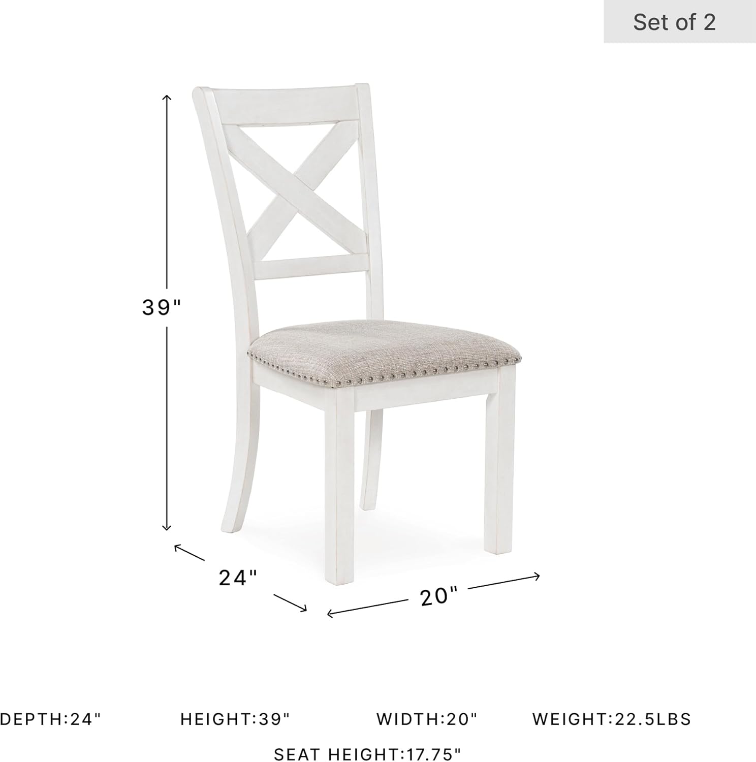 Signature Design by Ashley Robbinsdale Casual Upholstered Solid Wood Dining Chair with Nailhead Trim, Set of 2, White & Light Gray