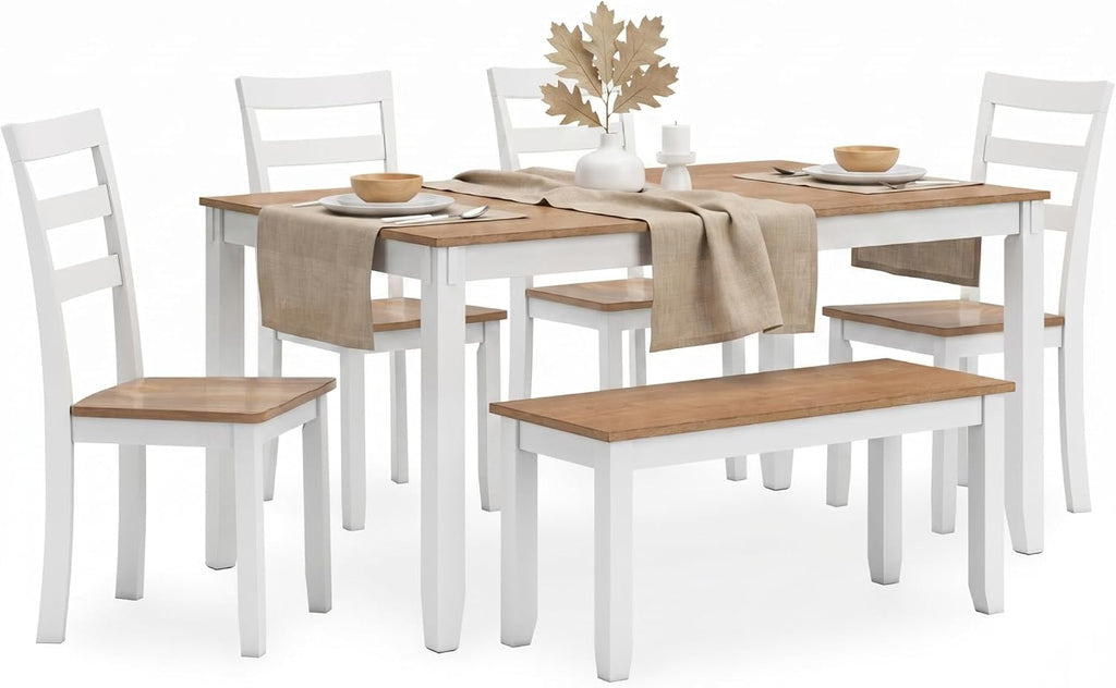 Signature Design by Ashley Gesthaven Casual Modern Dining Room Table Set with 4 Chairs and Bench, Set of 6, Mango Wood, 30.25" Table Height, White & Light Brown