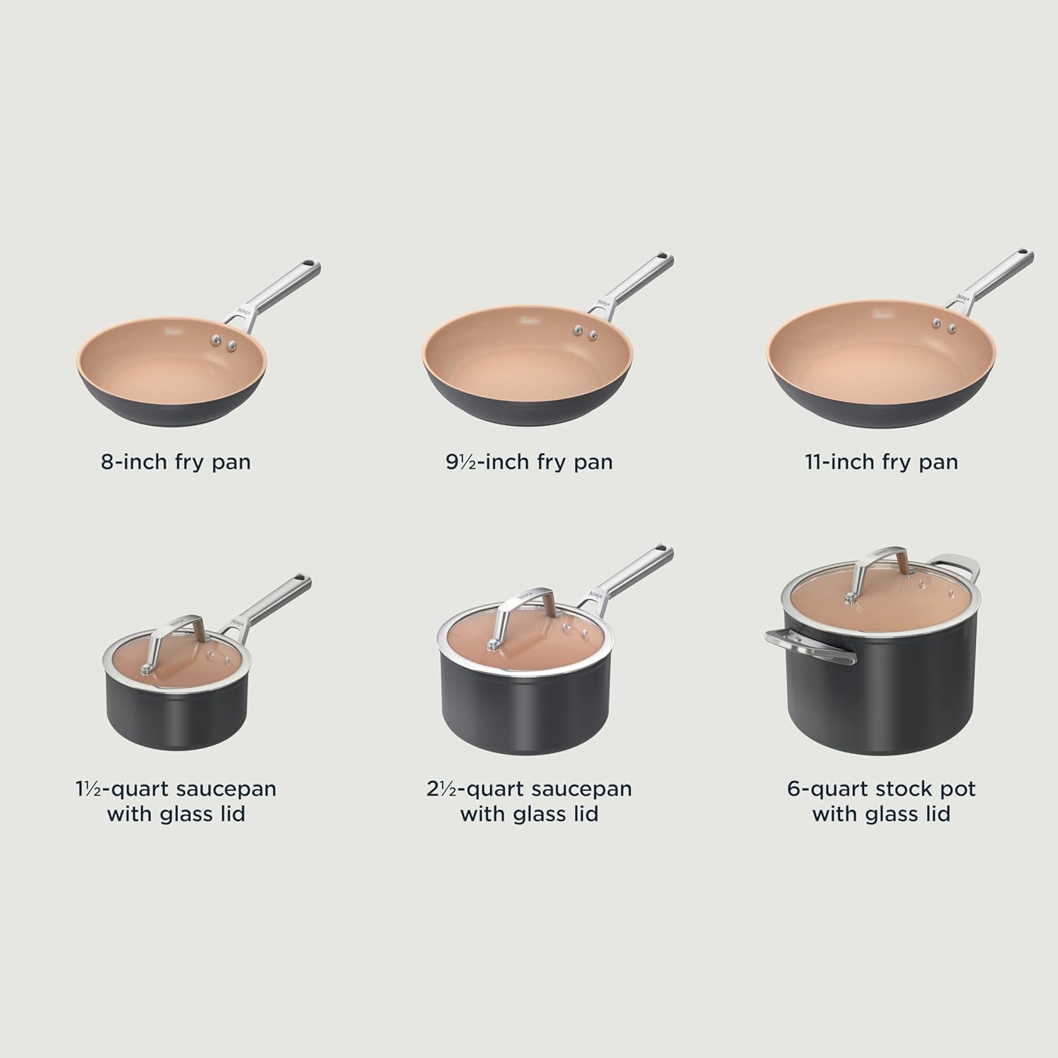 Ninja Pots and Pans Set Non Stick | Extended Life Premium Ceramic Cookware Set | 9-Piece Nonstick | PTFE Free | Oven Safe to 550°F | Induction Compatible | Frying Pan x3 | Cooking Pot x3 | CW99009