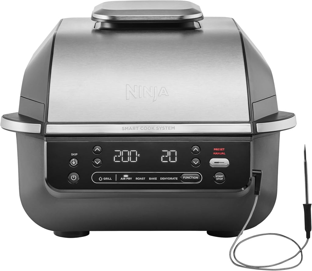Ninja 5-in-1 Oil-Free Indoor Grill & Deep Fryer, 5 Modes, Cooks Up to 4 Burgers, 5.7L Capacity, Low Smoke Digital Meat Thermometer Included, Black/Silver, EG351EU