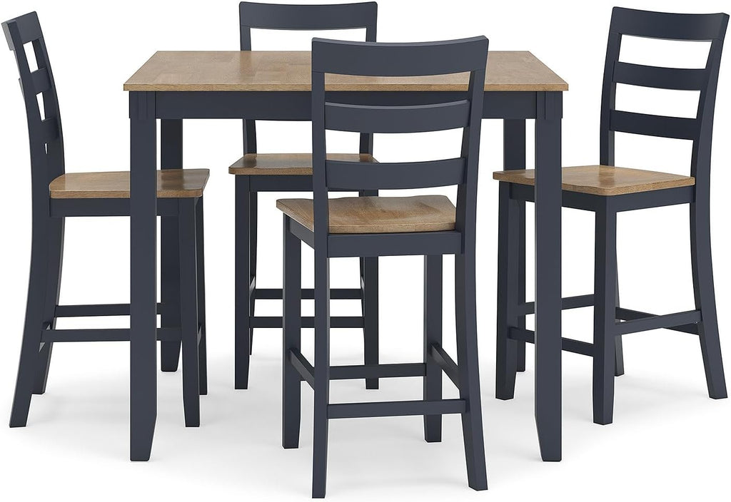 Signature Design by Ashley Gesthaven Counter Height Dining Table Set 4 Bar Stools, Butcher Block Veneer Top, Natural Mango Wood and Dark Slate Blue, 41.88" Square