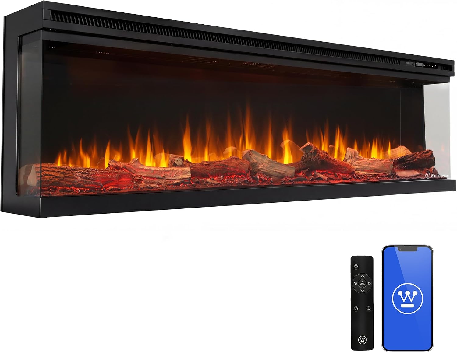 Westinghouse 60inch 3-Sided Electric Fireplace, Realistic Flame&Log Set, Compatible with Alexa & Google Home, Wall Mount or Recessed, 24 Hour Timer, Color Changing Flames, 750W/1500W Indoor Heater