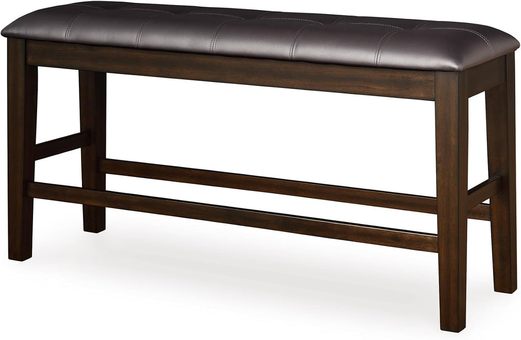 Signature Design by Ashley Haddigan Casual Tufted Faux Leather Upholstered Counter Height Dining Bench with Oak Finish, Dark Brown