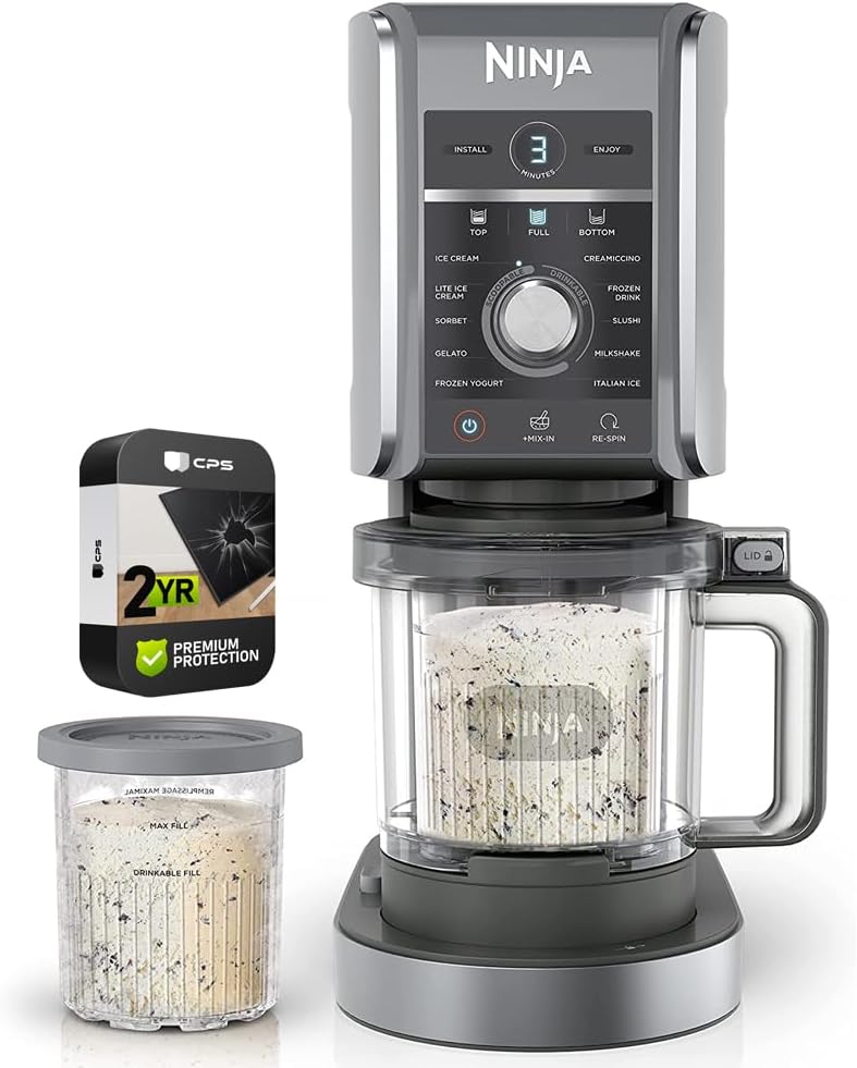 Ninja (Refurbished) NC501 CREAMi Deluxe 11-in-1 XL Ice Cream Maker Silver Bundle with 2 YR CPS Enhanced Protection Pack (Renewed)
